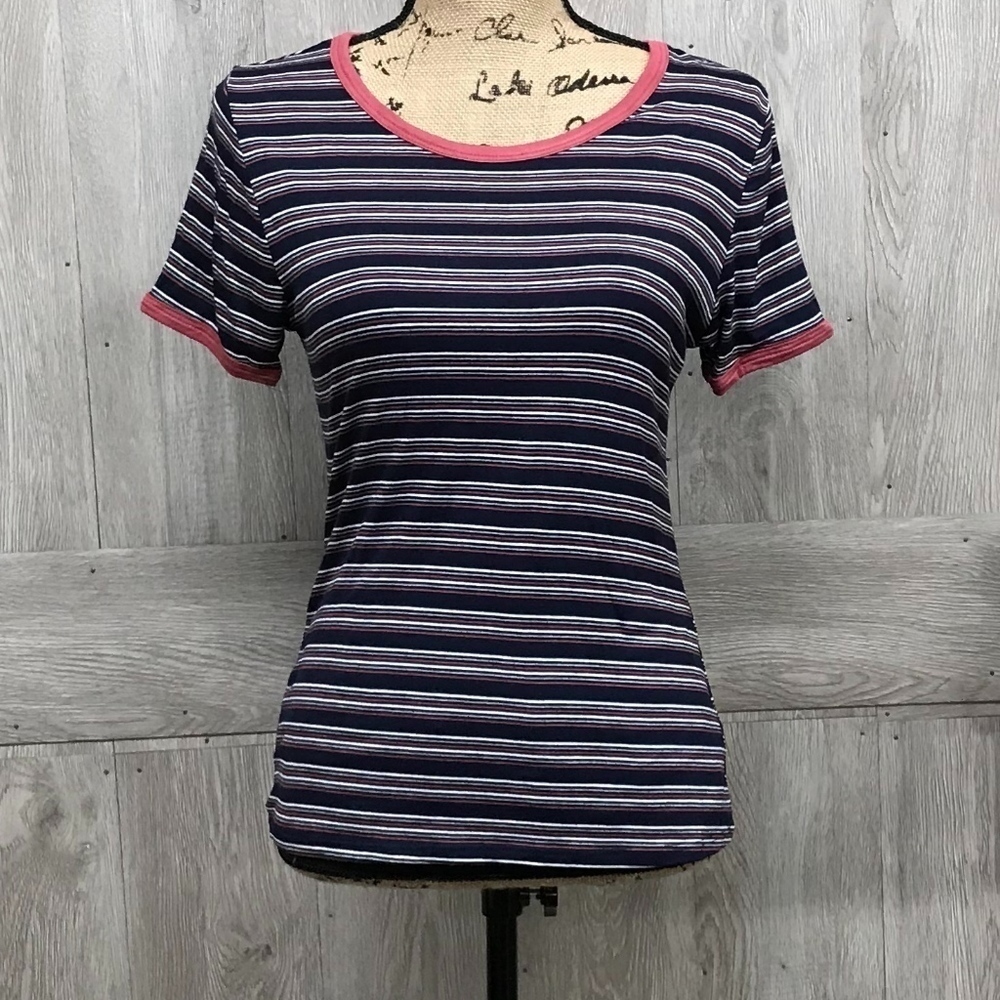 Round Neck Striped Navy Mauve Tee Shirt BB784
